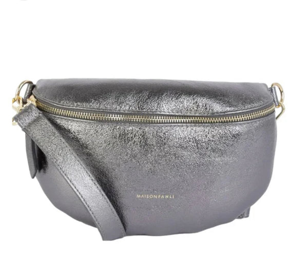 Metallic Leather Bum Bag - Grey